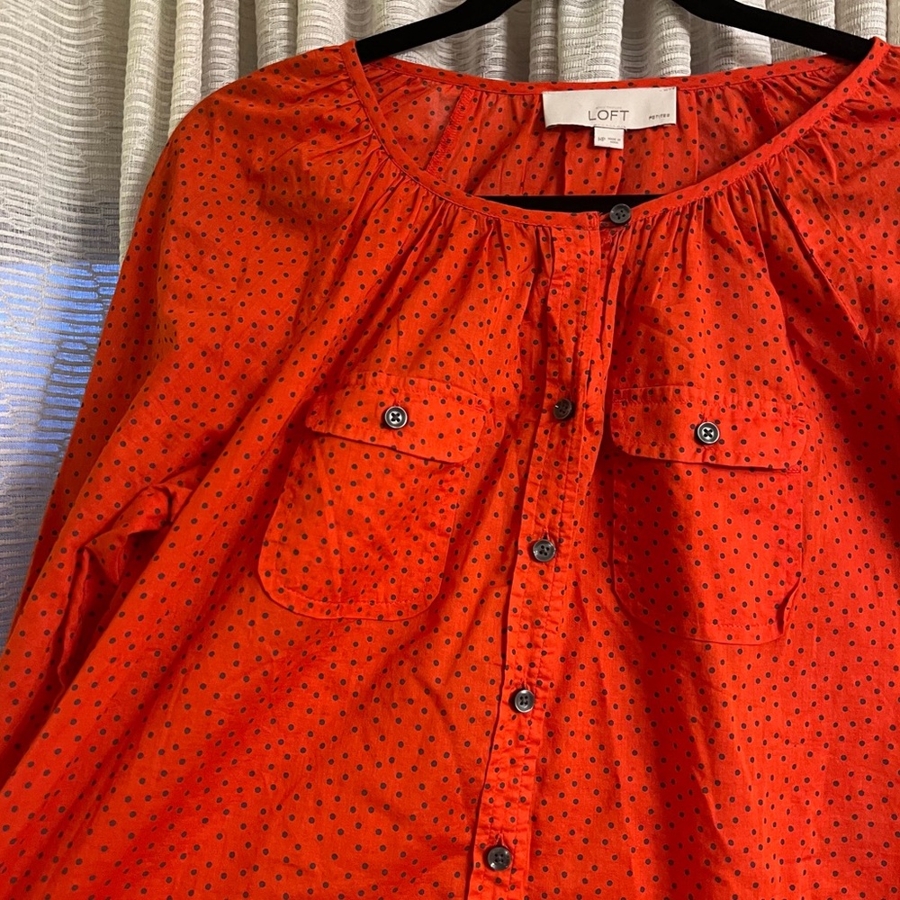 Loft Red-Orange Polka Dot Side-Split Button-Down … - image 6